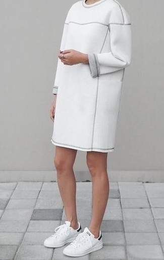 Women's White and Black Leather Low Top Sneakers, White Sweater Dress