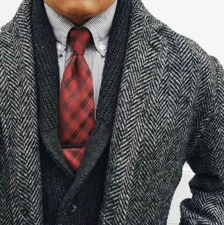 Men's Red Plaid Tie, White and Black Vertical Striped Long Sleeve Shirt, Black Shawl Cardigan, Grey Herringbone Overcoat