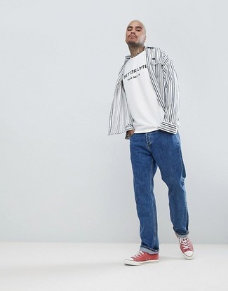 Men's White and Black Vertical Striped Long Sleeve Shirt, White and Black Print Crew-neck T-shirt, Blue Jeans, Red Canvas Low Top Sneakers