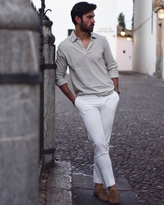 Men's White and Black Vertical Striped Long Sleeve Shirt, White Chinos, Tan Suede Derby Shoes, Brown Leather Watch