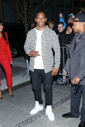 Victor Cruz wearing White and Black Leopard Long Sleeve Shirt, White Crew-neck T-shirt, Black Chinos, White Leather High Top Sneakers