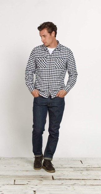 Men's White and Black Gingham Long Sleeve Shirt, White Crew-neck T-shirt, Navy Jeans, Dark Brown Suede Work Boots