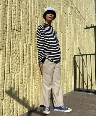 Men's White and Black Horizontal Striped Long Sleeve T-Shirt, Beige Chinos, Navy and White Canvas High Top Sneakers, Light Blue Plaid Bucket Hat