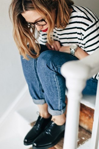 Women's White and Black Horizontal Striped Long Sleeve T-shirt, Blue Boyfriend Jeans, Black Leather Oxford Shoes, Silver Watch