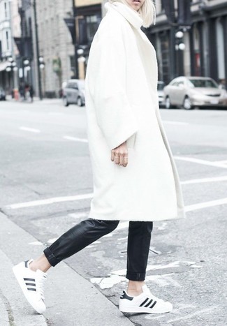 Women's White and Black Low Top Sneakers, Black Leather Skinny Pants, White Coat