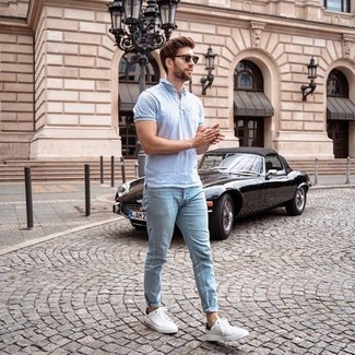 Men's Dark Brown Sunglasses, White and Black Canvas Low Top Sneakers, Light Blue Jeans, Light Blue Polo