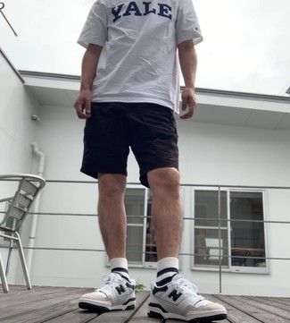 Men's White and Navy Horizontal Striped Socks, White and Black Leather Low Top Sneakers, Navy Sports Shorts, White and Navy Print Crew-neck T-shirt