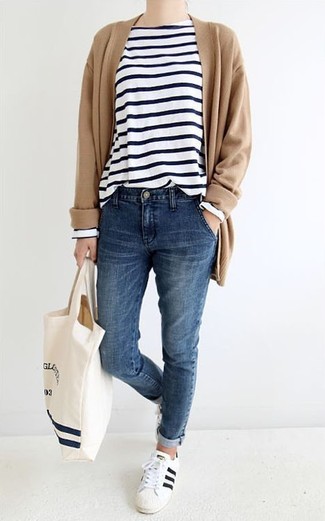 Women's Beige Print Canvas Tote Bag, White and Black Leather Low Top Sneakers, White and Black Horizontal Striped Long Sleeve T-shirt, Tan Open Cardigan