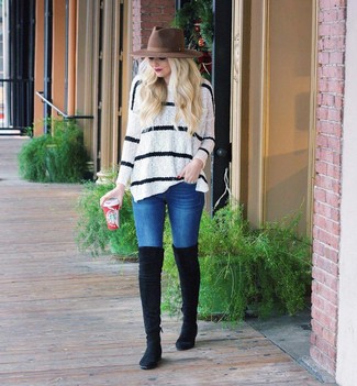 Women's White and Black Horizontal Striped Oversized Sweater, Blue Skinny Jeans, Black Suede Over The Knee Boots, Brown Wool Hat