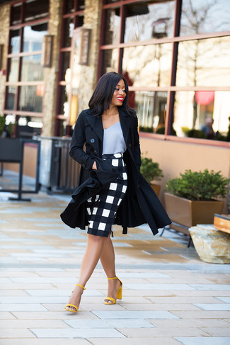 Women's Yellow Leather Heeled Sandals, White and Black Check Pencil Skirt, Grey Silk Tank, Black Trenchcoat