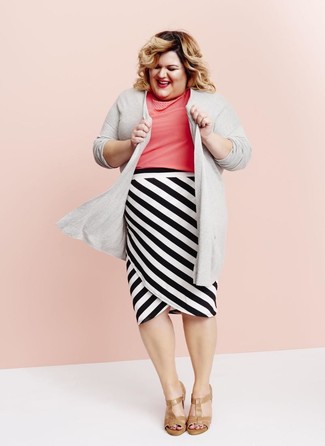 Women's Tan Leather Heeled Sandals, White and Black Horizontal Striped Pencil Skirt, Hot Pink Short Sleeve Blouse, Grey Open Cardigan