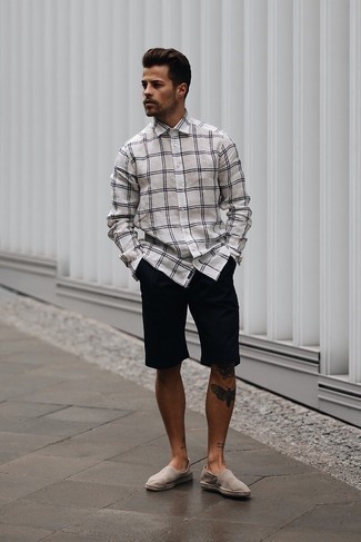 White and Blue Plaid Long Sleeve Shirt Outfits For Men: A white and blue plaid long sleeve shirt and black shorts have become veritable wardrobe essentials for most gentlemen. Let your styling credentials truly shine by finishing this getup with tan suede espadrilles.