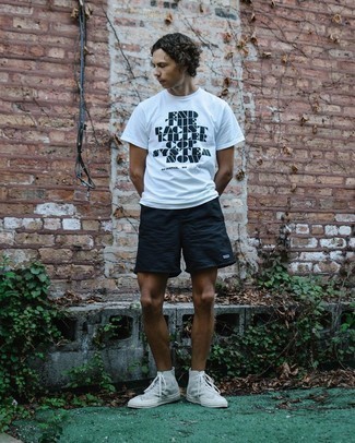 Men's White and Black Print Crew-neck T-shirt, Navy Sports Shorts, Grey Canvas High Top Sneakers