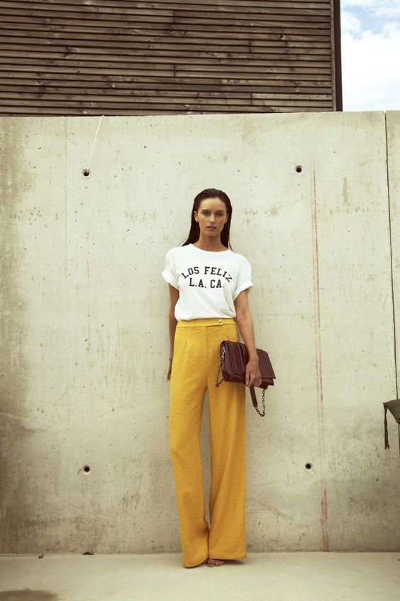 Brown Blouse with White Wide Leg Trousers