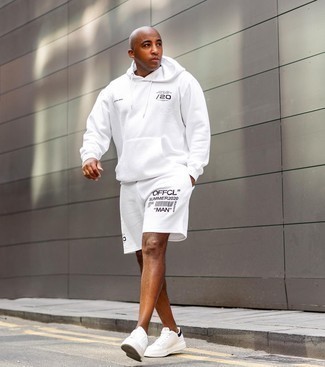 White and Black Sports Shorts Outfits For Men: Opt for a white and black print hoodie and white and black sports shorts to be both city casual and functional. For a smarter take, add white and black leather low top sneakers to the mix.