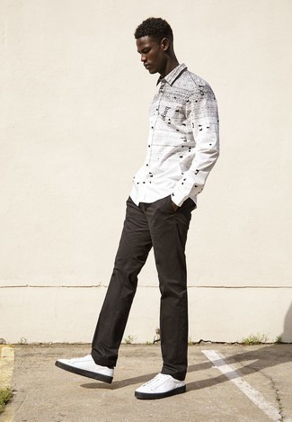 Men's White and Black Print Long Sleeve Shirt, Dark Brown Chinos, White Canvas Low Top Sneakers