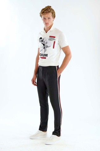 White Leather Low Top Sneakers Hot Weather Outfits For Men: This combo of a white and black print polo and black vertical striped dress pants looks amazing, but it's very easy to copy. Got bored with this ensemble? Introduce white leather low top sneakers to jazz things up.