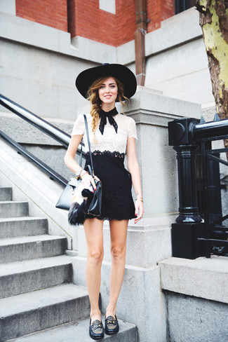 Black Wool Hat Outfits For Women: This combo of a white and black lace sheath dress and a black wool hat combines comfort and confidence and helps you keep it clean yet trendy. Introduce black leather loafers to the equation to change things up a bit.