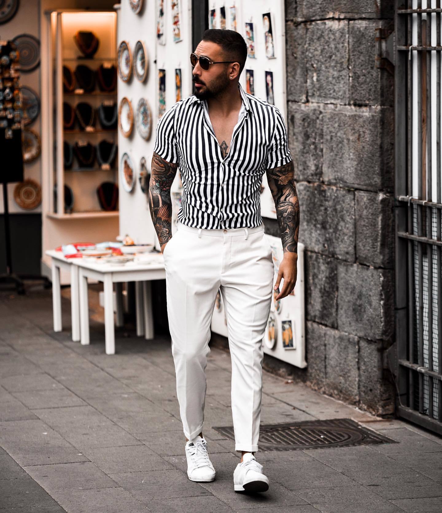 Pink and White Striped Shirt with Sneakers | Hockerty