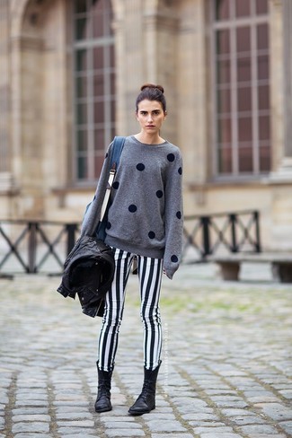 Grey Polka Dot Crew-neck Sweater Outfits For Women: 