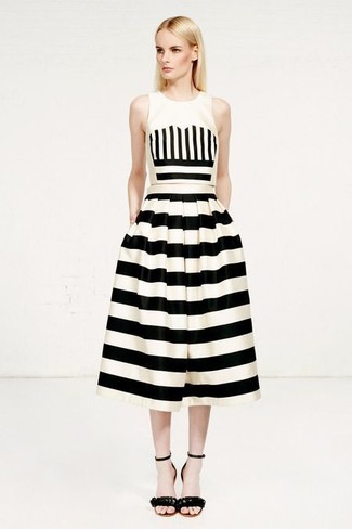 Women's White and Black Vertical Striped Cropped Top, White and Black Horizontal Striped Full Skirt, Black Leather Heeled Sandals