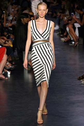 Women's White and Black Vertical Striped Sheath Dress, Brown Leather Heeled Sandals, Black and Gold Earrings