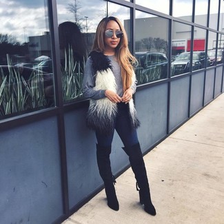 Women's White and Black Fur Vest, Grey Crew-neck Sweater, Navy Skinny Jeans, Black Suede Over The Knee Boots