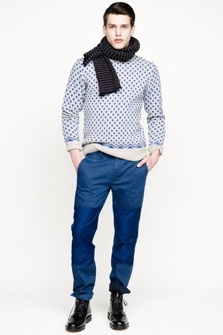 Men's White and Blue Print Crew-neck Sweater, Blue Chinos, Black Leather Brogue Boots, Black and White Polka Dot Scarf