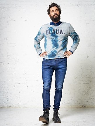Men's White and Blue Print Crew-neck Sweater, Blue Denim Shirt, Blue Skinny Jeans, Black Leather Casual Boots