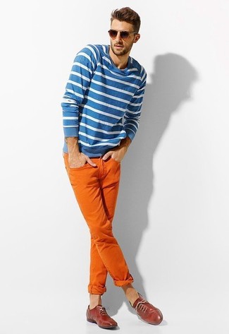 Men's White and Blue Horizontal Striped Crew-neck Sweater, Orange Chinos, Red Leather Oxford Shoes, Brown Sunglasses
