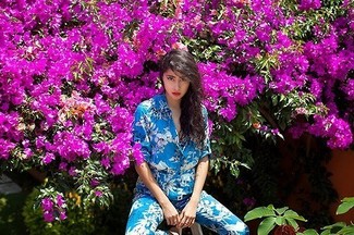 Rosy Outlook French Terry Jumpsuit Aquatic Blue Floral Small