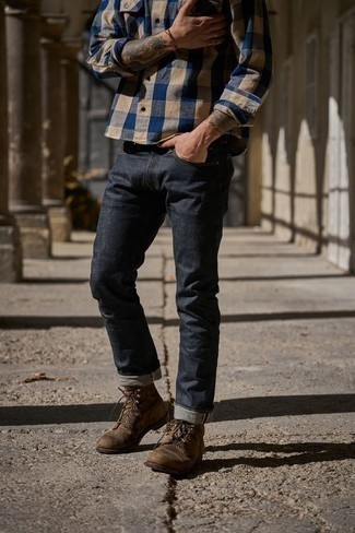 Men's White and Blue Gingham Long Sleeve Shirt, Navy Jeans, Brown Suede Casual Boots
