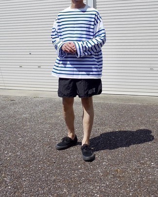 Men's White and Blue Horizontal Striped Long Sleeve T-Shirt, Black Sports Shorts, Black Canvas Low Top Sneakers