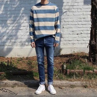 Men's White and Blue Horizontal Striped Long Sleeve T-Shirt, Blue Ripped Jeans, White Canvas Low Top Sneakers