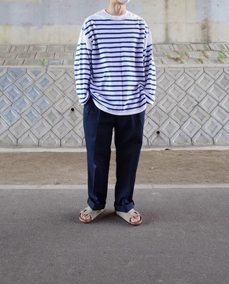 Men's White and Blue Horizontal Striped Long Sleeve T-Shirt, Navy Chinos, Beige Suede Sandals