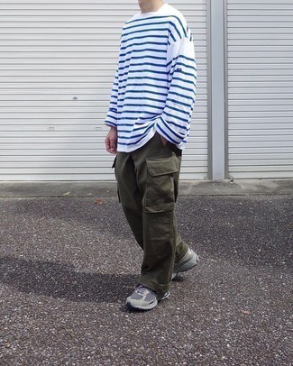 Men's White and Blue Horizontal Striped Long Sleeve T-Shirt, Olive Cargo Pants, Grey Athletic Shoes