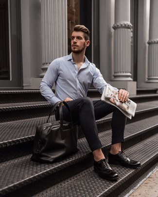Dark Brown Leather Briefcase Outfits: Beyond stylish and practical, this combo of a white and blue vertical striped long sleeve shirt and a dark brown leather briefcase provides with variety. You could stick to the classic route when it comes to shoes with a pair of dark brown leather brogues.