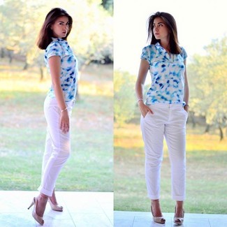 Women's White and Blue Print Polo, White Chinos, Beige Cutout Leather Pumps