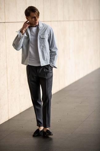 White Shirt Jacket Outfits For Men: Rock a white shirt jacket with charcoal chinos to create an interesting and current relaxed ensemble. Feeling experimental today? Jazz things up by finishing with a pair of black leather loafers.