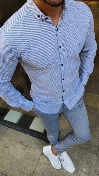 Light Blue Chinos Outfits: Choose a white and blue vertical striped long sleeve shirt and light blue chinos to create a cool and casual outfit. Add white leather double monks to the equation for a masculine aesthetic.