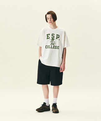 1200+ Hot Weather Outfits For Men: Dress in a white and green print crew-neck t-shirt and black shorts for a look that's both off-duty and comfortable. Does this ensemble feel all-too-classic? Let dark brown athletic shoes spice things up.
