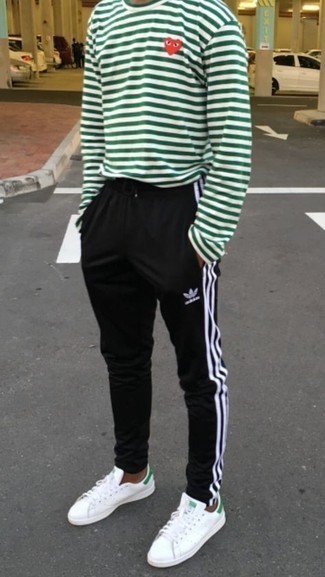 White and Green Horizontal Striped Long Sleeve T-Shirt Outfits For Men: 