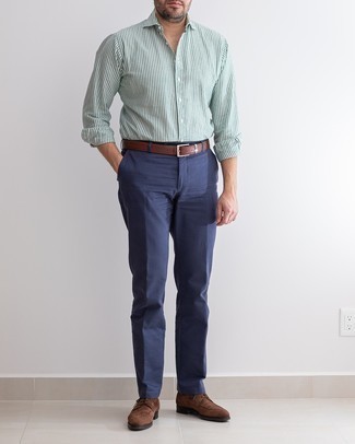 Men's White and Green Vertical Striped Long Sleeve Shirt, Navy Chinos, Brown Suede Derby Shoes, Brown Leather Belt