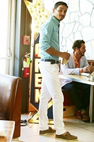 Brown Leather Boat Shoes Outfits: For a casual outfit, reach for a white and green gingham long sleeve shirt and white chinos — these two pieces go nicely together. A pair of brown leather boat shoes is a great idea to complete this look.