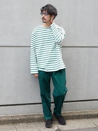 White and Green Horizontal Striped Long Sleeve T-Shirt Outfits For Men: This pairing of a white and green horizontal striped long sleeve t-shirt and dark green chinos combines comfort and efficiency and helps keep it simple yet current. Add dark brown suede monks to the equation to avoid looking too casual.