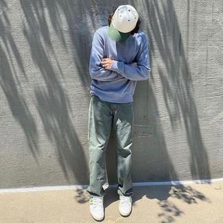 Men's White and Green Baseball Cap, White and Green Leather Low Top Sneakers, Mint Jeans, Light Blue Sweatshirt