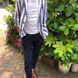 Brown Leather Sandals Outfits For Men: This look demonstrates that it pays to invest in such menswear essentials as a white and navy vertical striped blazer and navy chinos. In the shoe department, go for something on the laid-back end of the spectrum by rocking brown leather sandals.