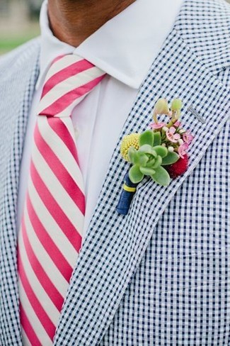 Hot Pink Vertical Striped Tie Outfits For Men: To look like a proper dandy, rock a white and navy gingham blazer with a hot pink vertical striped tie.
