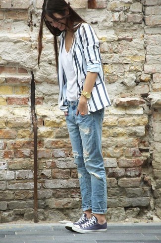 Women's White and Navy Vertical Striped Blazer, White V-neck T-shirt, Light Blue Ripped Boyfriend Jeans, Charcoal Low Top Sneakers