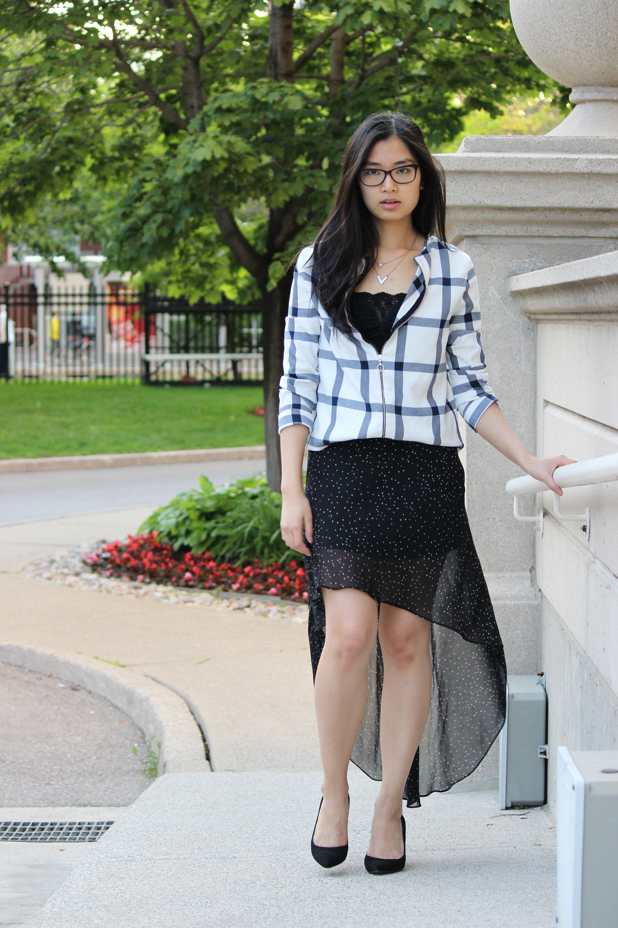 Women's White and Navy Check Bomber Jacket, Black Lace Tank